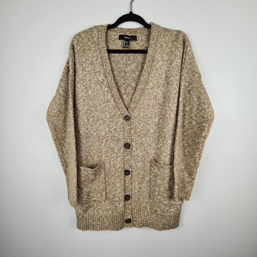 Forever 21 Womens Marl Tan Button Front Knit Long Cardigan Sweater Size S Pocket